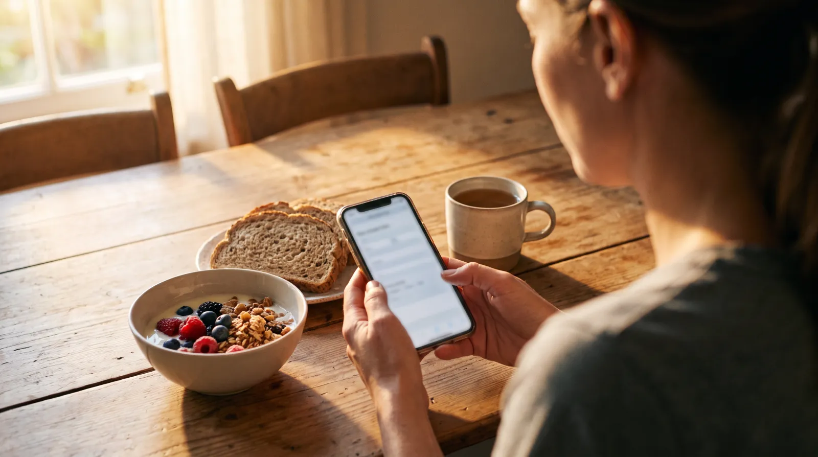 Žena u kuchyňského stolu vyplňuje v mobilu test na vitamíny, před ní snídaně a hrnek čaje v teplém ranním světle